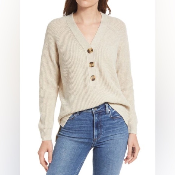 NWOT MADEWELL Lyle Rib Henley Sweater in Antique Cream Size Small - Picture 1 of 15